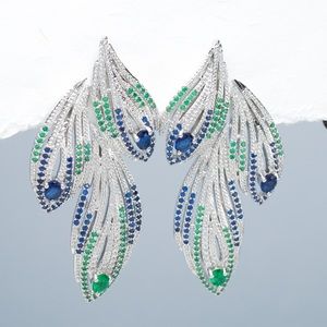 NEW Pave Crystals Long Dangle Peacock Feathers Earrings